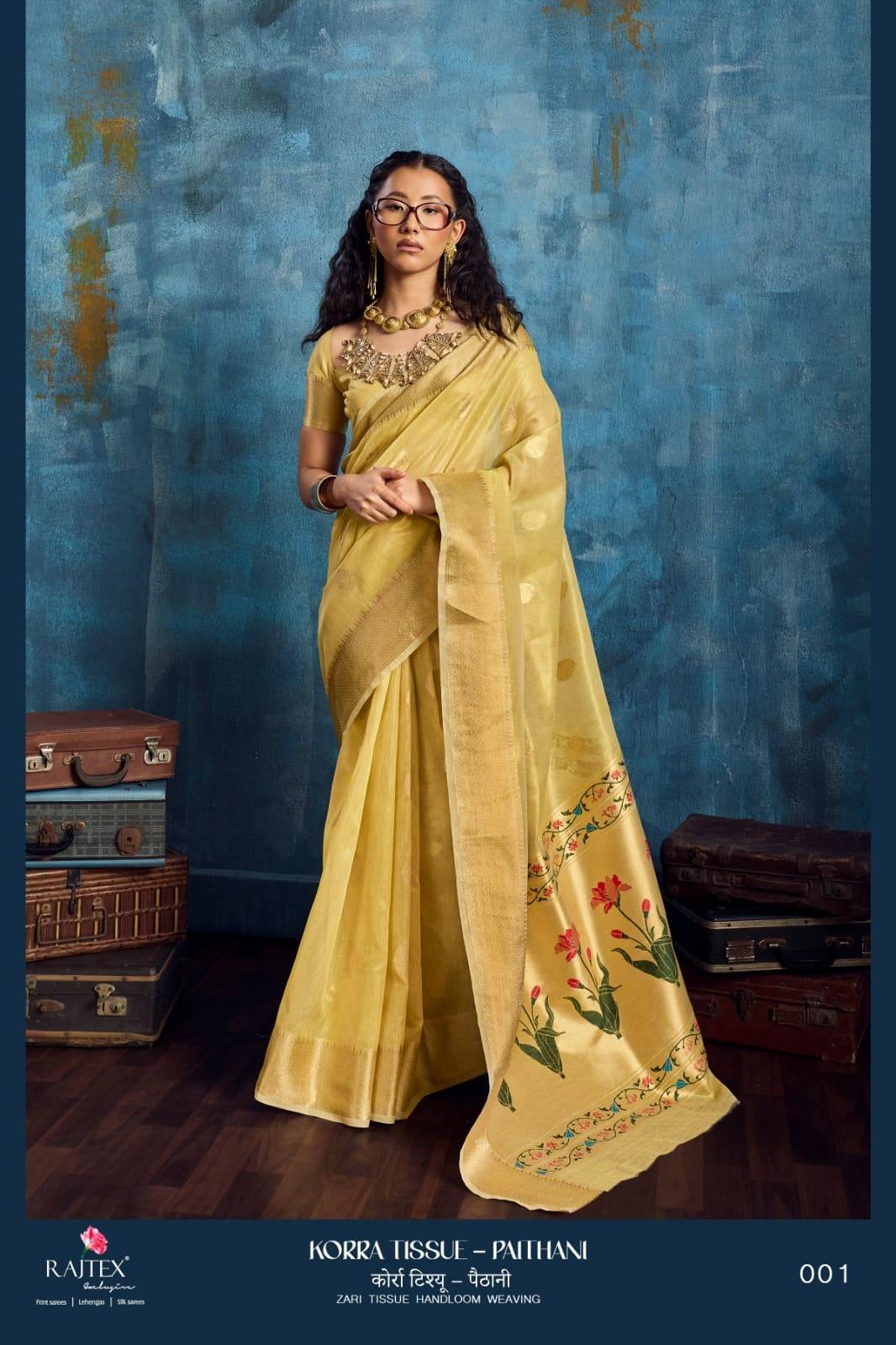 Korra Tissue - Paithani By Raj Tex 001 to 006 Series Indian Traditional Wear Collection Beautiful Stylish Fancy Colorful Party Wear & Occasional Wear Satin Crepe Sarees At Wholesale Price